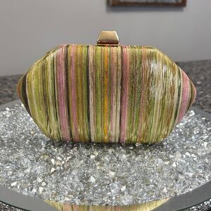 Striped Satin gold foil Clutch - Pink & Green